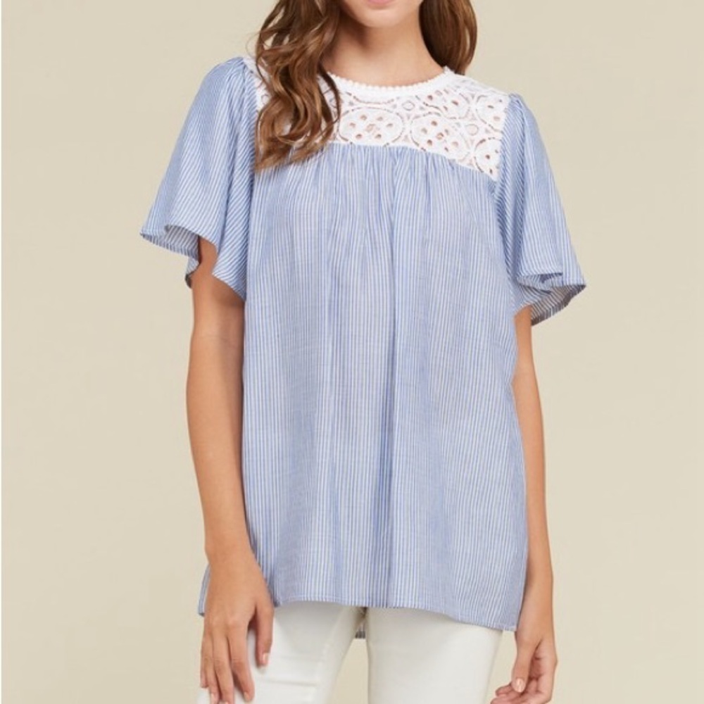 New French Style Blue Stripe Top with Lace Accent Shoulders